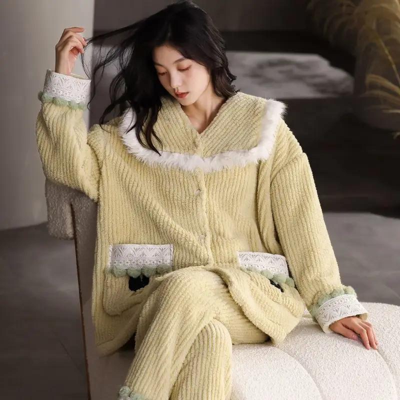 Новый коралловый бархатный осенне-зимний фланелевый термокостюм для дома, зимняя свободная мягкая пижама для женщин, дополнительный флис и более плотный