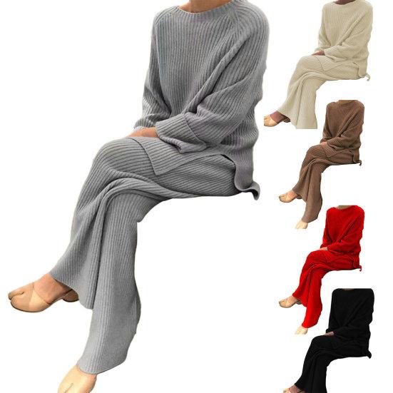 Женский комплект из 2 шт./компл., свитер, брюки, вязаный эластичный круглый вырез, свободный, с широкими штанинами, с эластичной резинкой на талии, толстый, мягкий, теплый, домашняя одежда, одежда для сна, женская зимняя осень