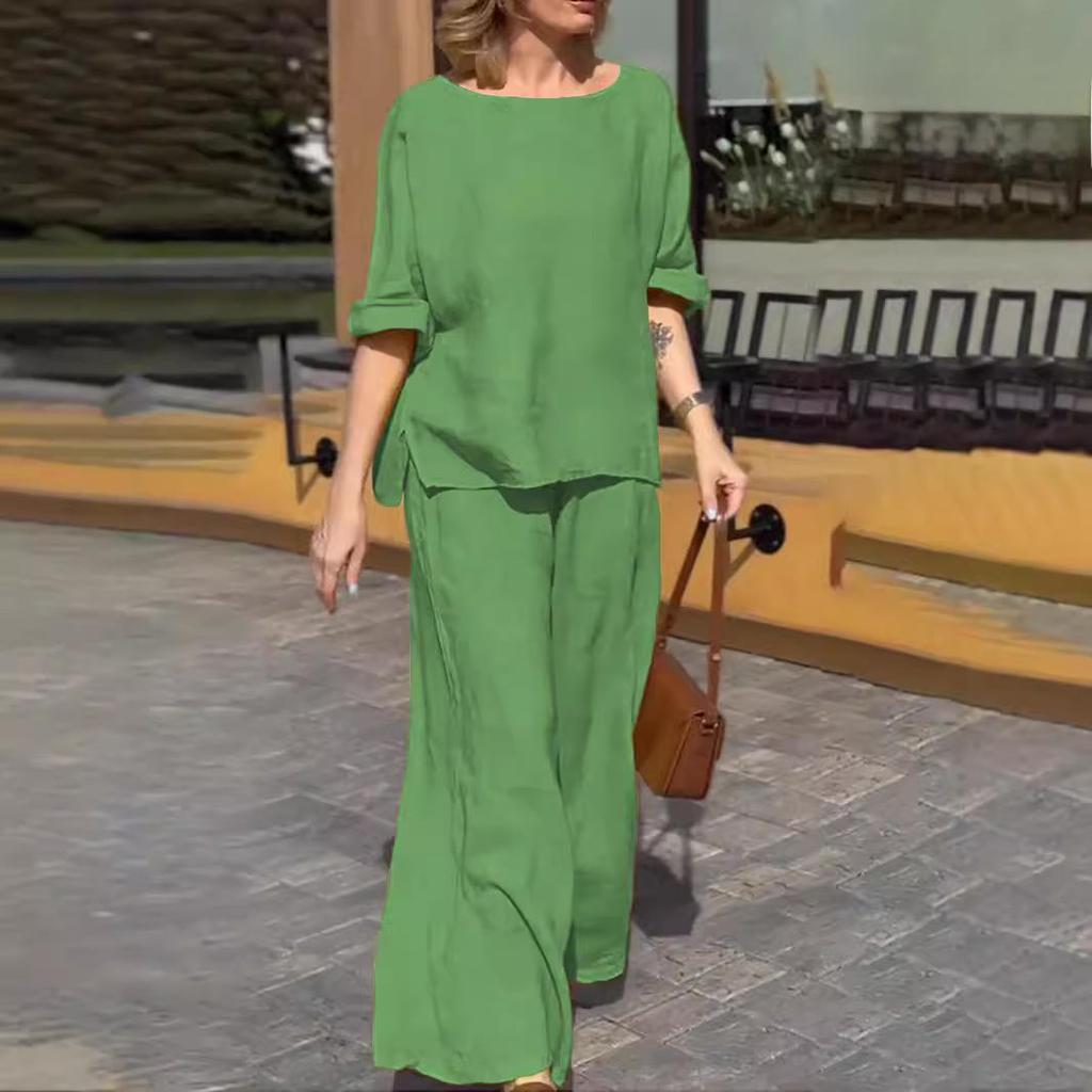 Женский повседневный костюм из хлопка и льна 2025 года в однотонном цвете: Летние свободные брюки из двух частей