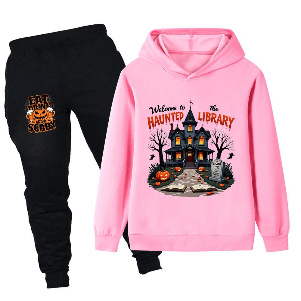 PB1655 Kids Boys Girls Halloween Castle Printed Long Sleeves Hoodie Pants 2pcs/Sets