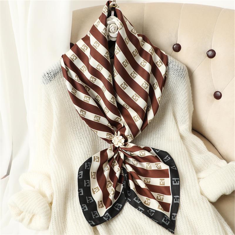 Letter striped scarf women's shawl sunscreen decorative large square scarf temperament old flower shawl twill silk scarf 91cm
