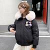 Hooded big fur collar cotton clothes women's cartoon patch short loose thickened women's clothing autumn and winter coat