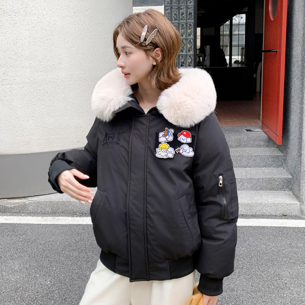 Hooded big fur collar cotton clothes women's cartoon patch short loose thickened women's clothing autumn and winter coat