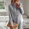 Women's Round Collar Monochrome Button Down Striped Ruffle Long Sleeve Shirt