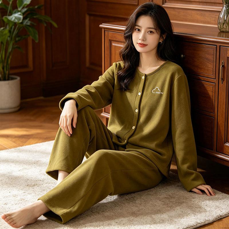 New autumn and winter women's German velvet pajamas homewear crew neck cardigan long sleeves trousers warm and thickened