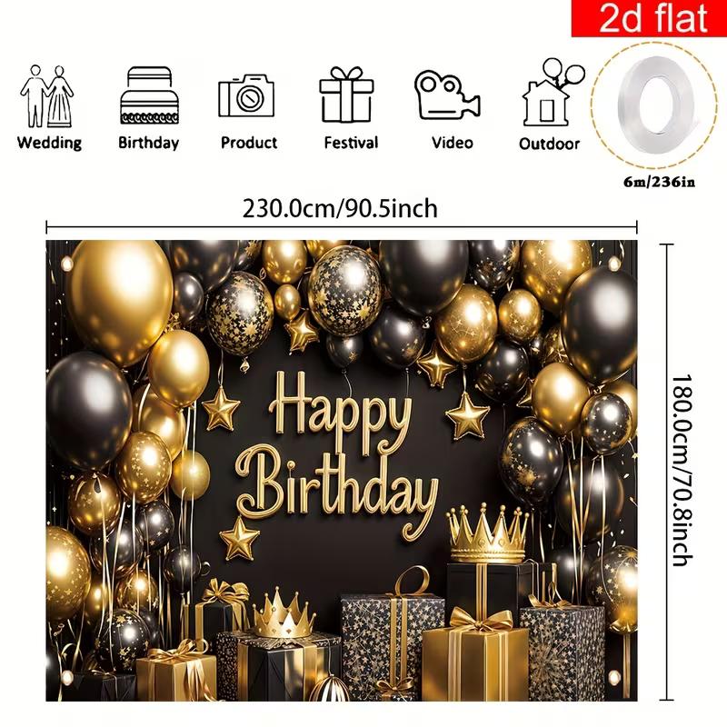 2D Black Gold Balloon Happy Birthday Backdrop with Crown and Gift Box Party Banner