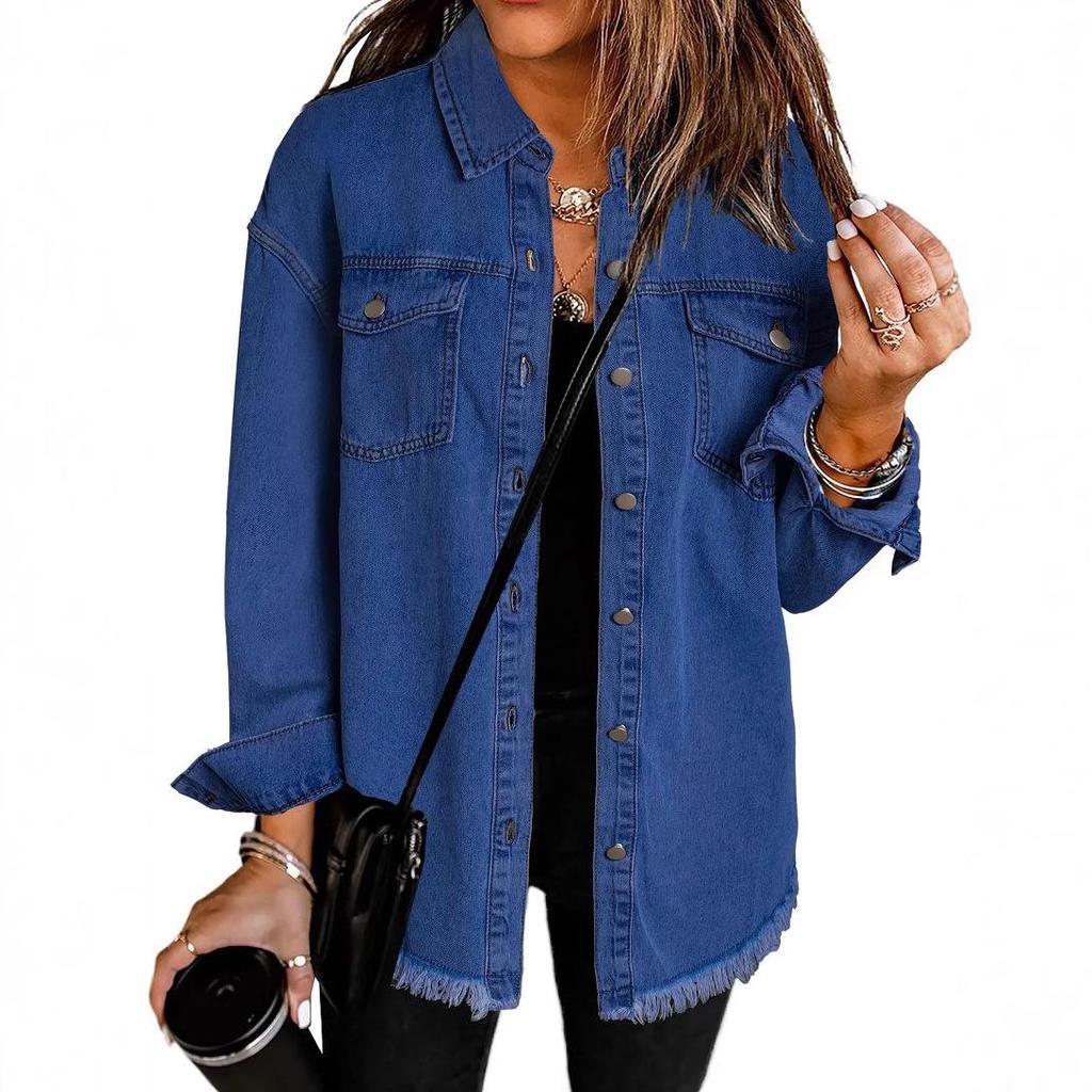 European & American Style Fashion Denim Frayed Jacket Shirt for Women