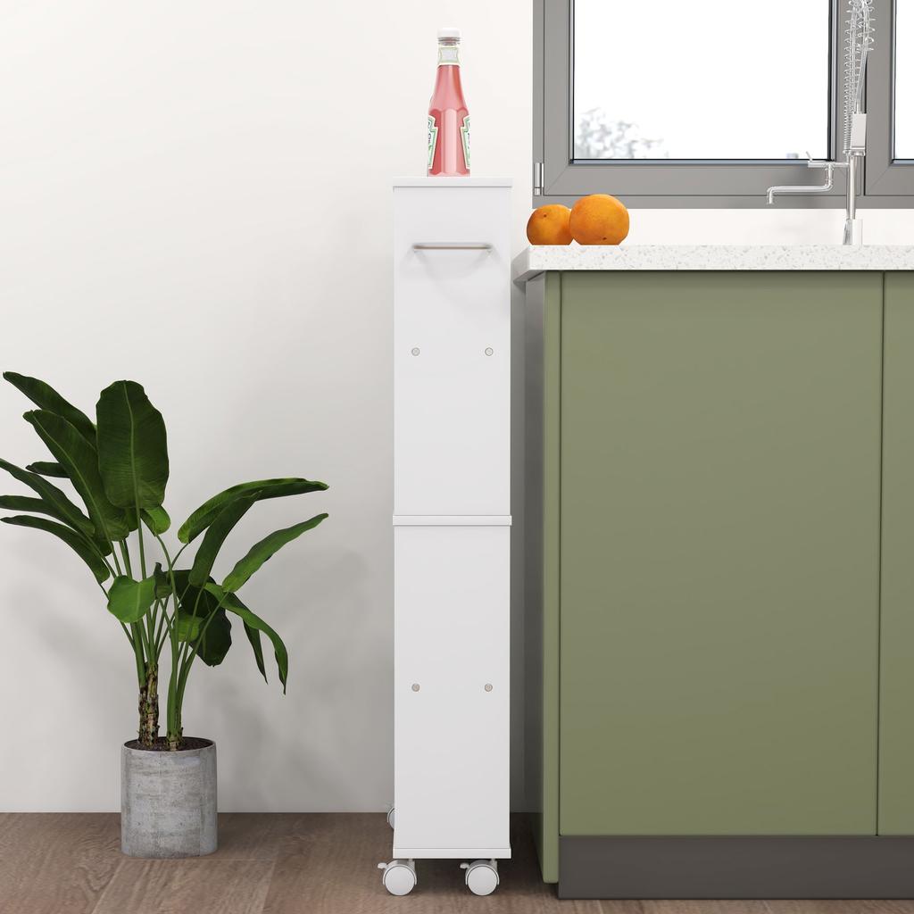 Multifunctional Shelf with Casters, Narrow Design, 4 Compartments, 45x15x91 cm, White