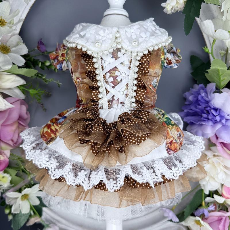 Original Handmade Autumn Winter Light Brown Strap Lace Decorative Lapel Retro Lolita Dress Suitable for Small Pets Dog Clothes