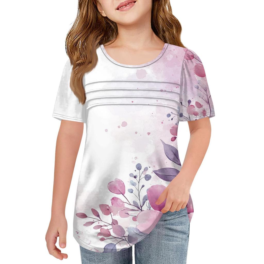 Детские футболки-складки, летние футболки с короткими рукавами и круглым воротником, с принтом цветов, пальто для отдыха