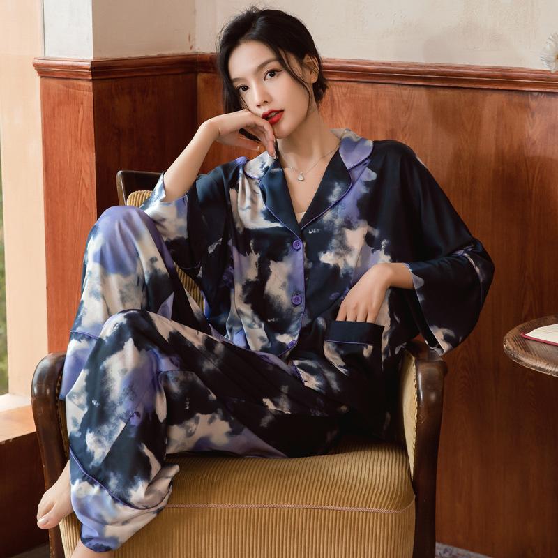 Весенне-осенняя женская пижама Ice Silk Thin Пижамный комплект с длинным рукавом Женская домашняя одежда Комплект