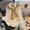 Women Shirt Lapel Long Sleeve Vertical Striped Fake Two-Piece Design Shawl Back Shirt Loose Fit Buttons Placket Shirt Tops