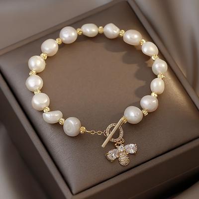 Лучшая Продажа Сладкая Пчелка Блестящий Циркон CZ Позолоченное 14K Золотом Натуральный Пресноводный Жемчуг Женский Браслет-Шарм Для Женщин Подарки