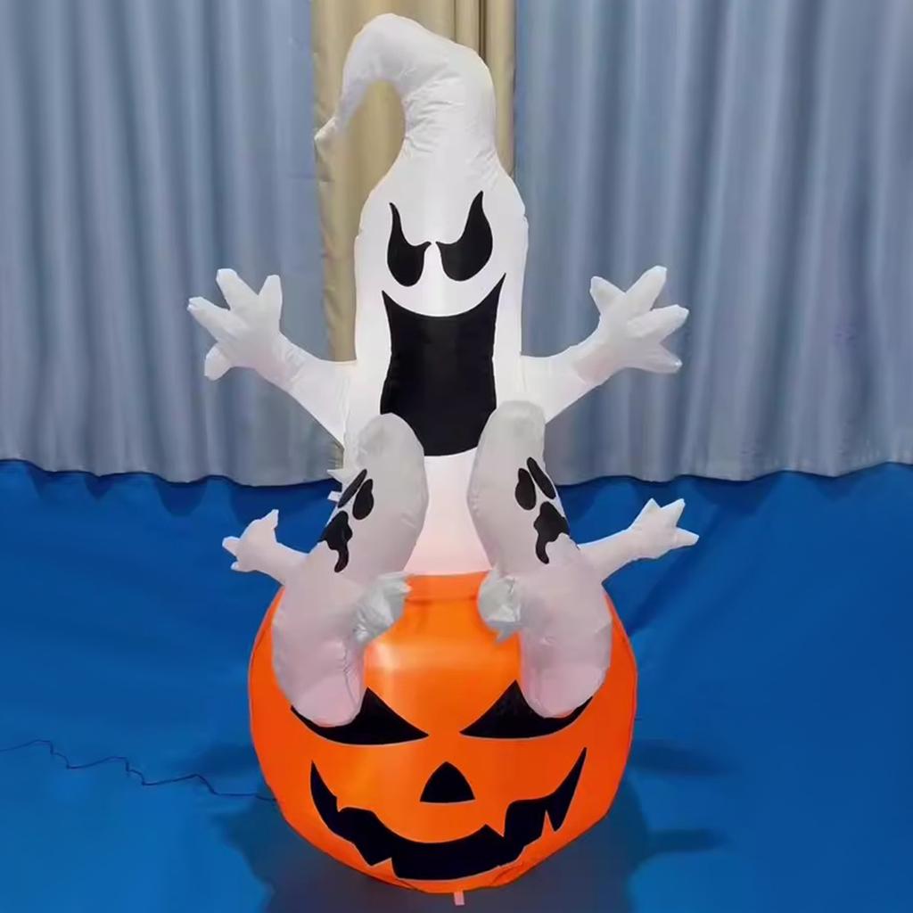 5.9FT Glowing White Ghost Pumpkin Inflatables Halloween Outdoor Decoration Blow Up Three Ghost