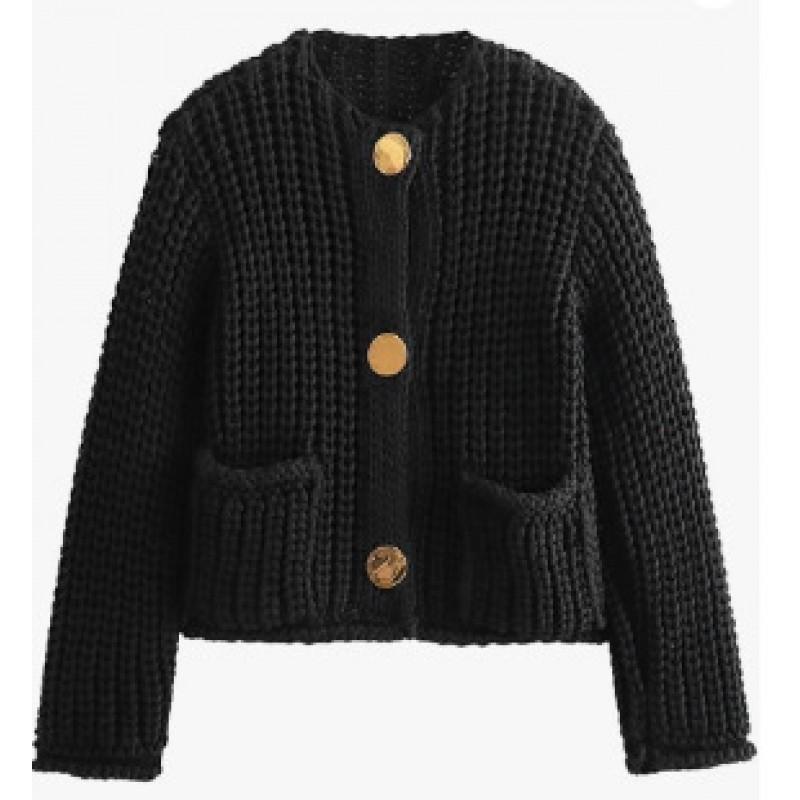 24 Damen Herbst Winter Street Fashion Rundhals Strick Cardigan Kurzer Pullover Mit Metallknöpfen