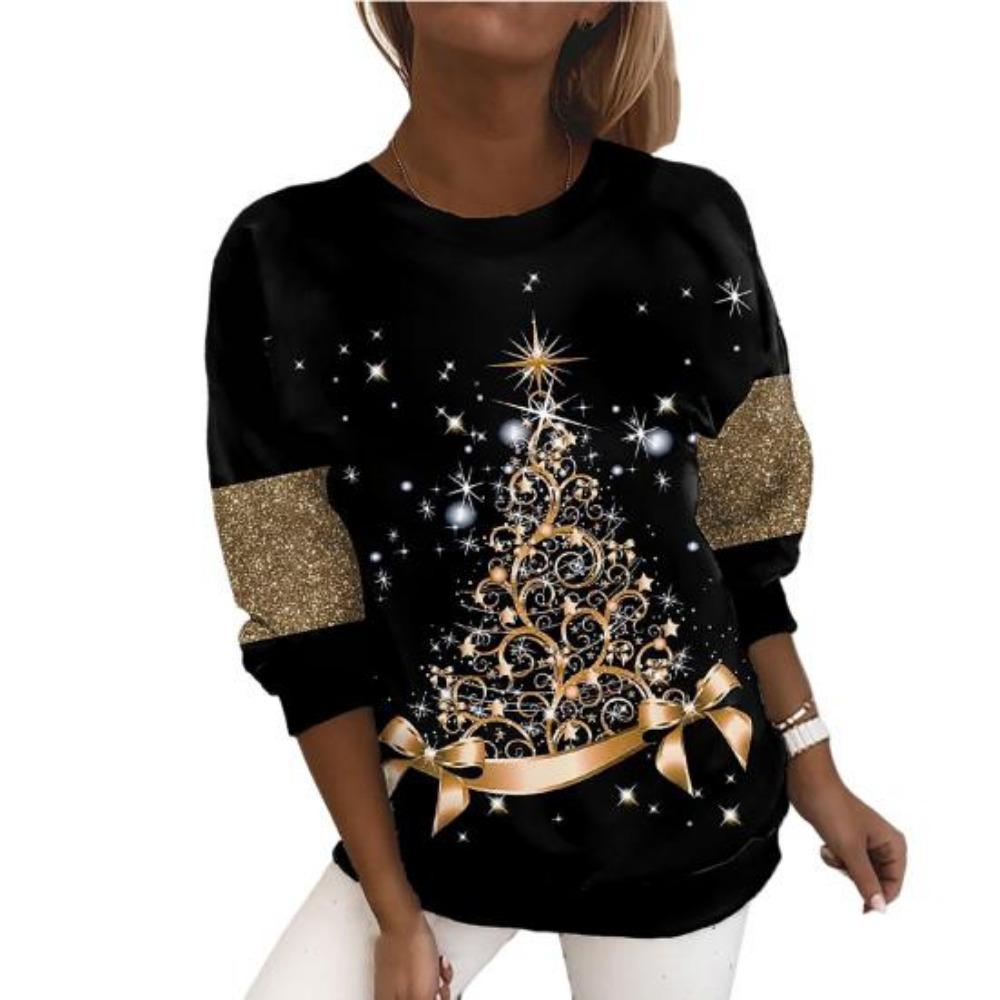 Christmas Women Sweatshirt Designer Round Neck Long Sleeve Loose Casual Christmas Tree Design Interesting Graphic Print Top