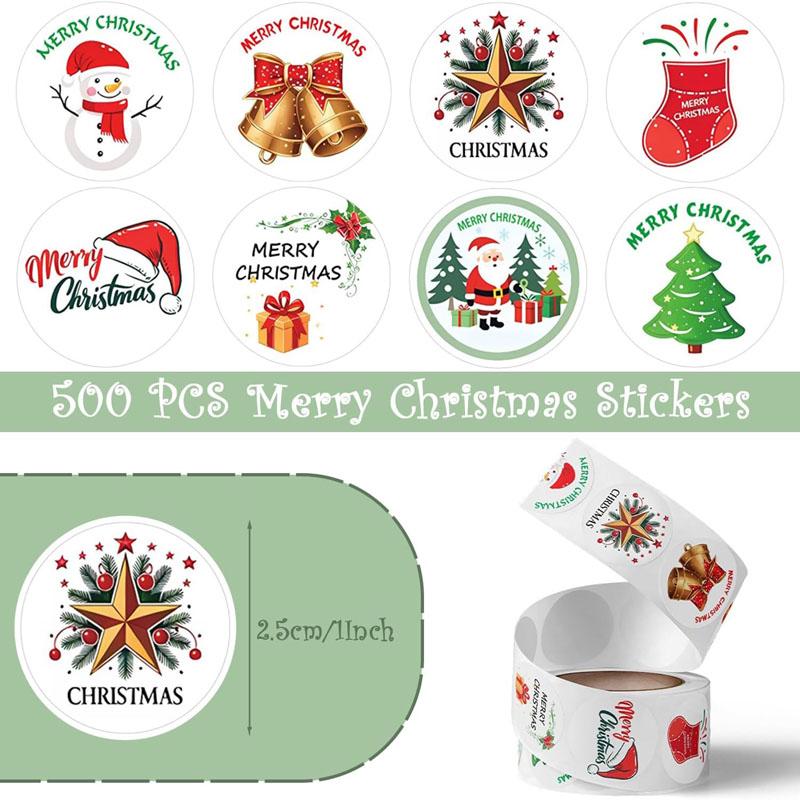 Christmas Stickers Roll 500 Pcs 1 Inch Merry Christmas Stickers Happy Christmas Stickers for DIY, Envelope Seals Boxes Cards Party Favor Decorations