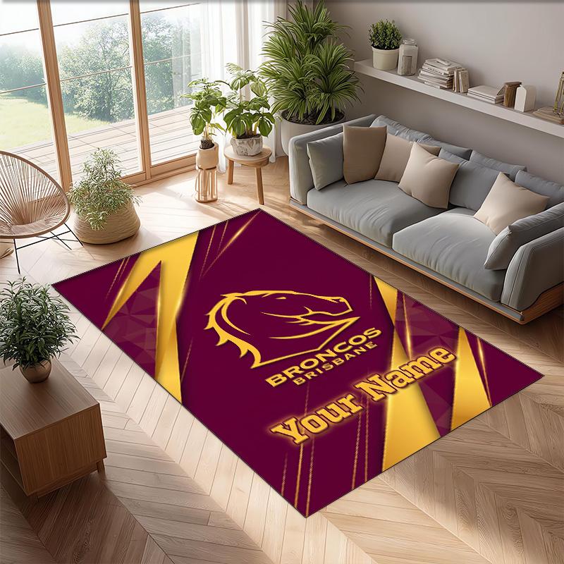 Brisbane Broncos Crystal Velvet Rug, Custom Name Text Personalized Non‑Slip Floor Mat for Home Decor Gift