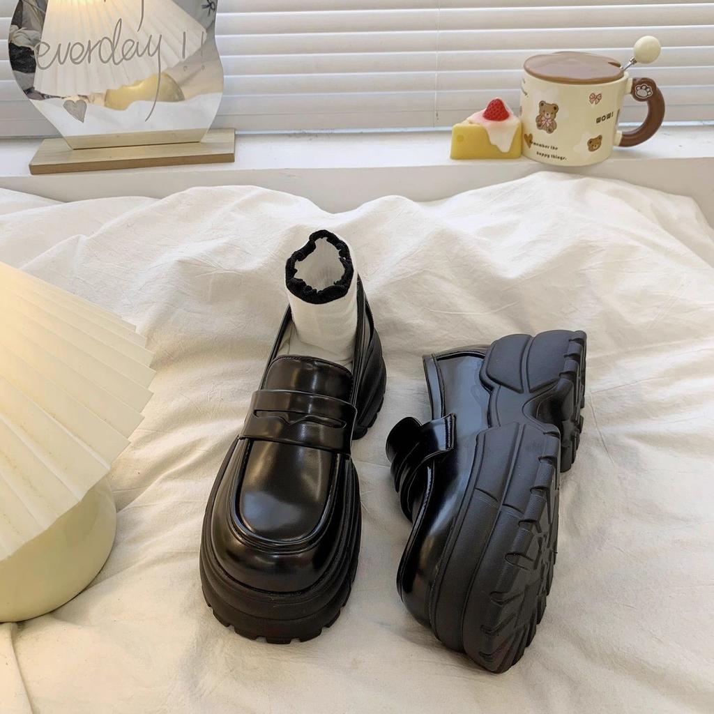 2025 New Spring, Autumn and Winter Women's Shoes Platform One-pedal Jk Black Loafers British Style Small Leather Shoes Women's Single Shoes