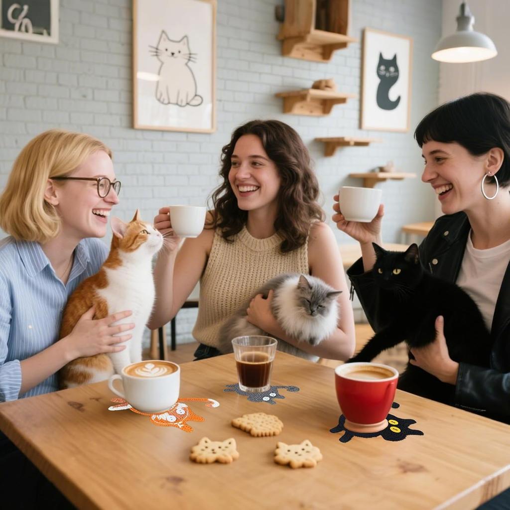 Cat Coffee Coasters Set of 3,Woven Cat Drink Mats, Funny Handmade Home Decorations Tabletop Protection