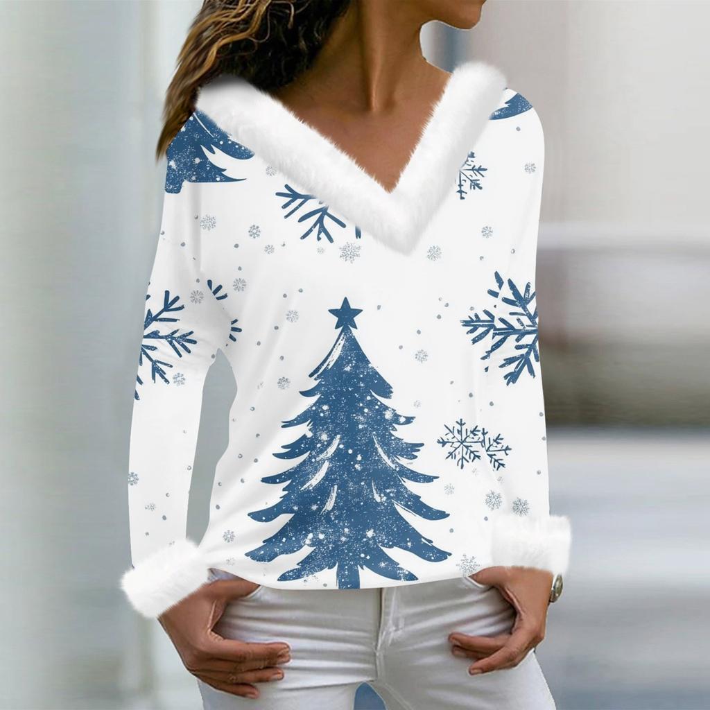 Женская футболка с рождественским принтом, длинный рукав, флисовый воротник, V-образный вырез, футболка