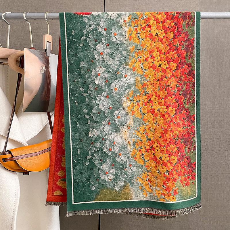 Fashion Imitation Cashmere Scarf Women's Ginkgo Biloba Double-sided Thickened Scarf In Autumn and Winter To Keep Warm Shawl