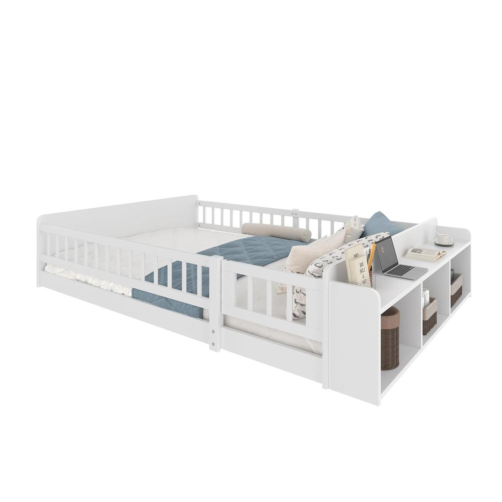 Детская кровать напольная 140x200 защита от падения реечное дно открывающийся бортик Монтессо место для хранения полки деревянный каркас подростковая кровать до 200 кг