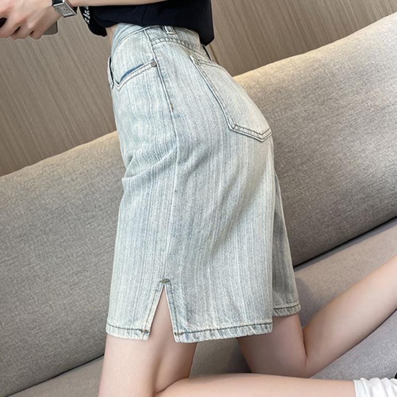 Светлые джинсовые шорты длиной пять четвертей для женщин, летние, тонкие, с высокой талией, утягивающие, с разрезом в ретро-полоску, свободные и широкие брюки средней длины
