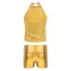 Girls Sleeveless Backless Shiny Sequin Halter Crop Top Metallic Dance Shorts Jazz Dance Stage Performance Outfit