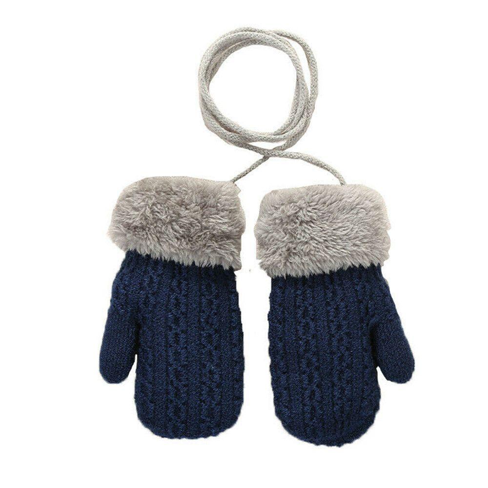 1-4 Years Baby Boys Girls Faux Fur Hanging Neck Cute Cartoon Knitted Mittens Kids Gloves Thick Warm