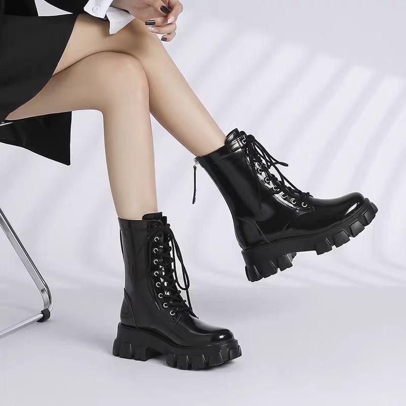 2024 Spring/Autumn Trendy Versatile Rear Zipper Thick Soled Tall Short Boots Work Clothes Motorcycle Boots Women's Casual Shoes