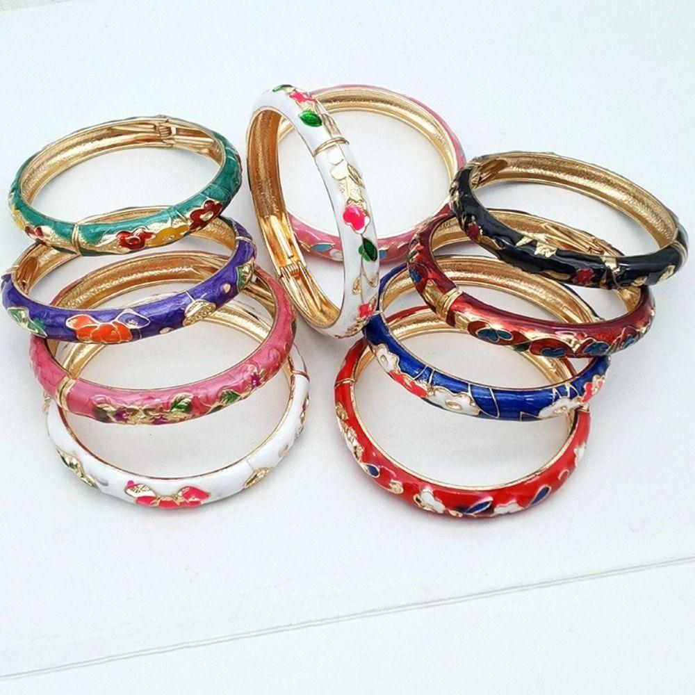 Traditional Peony Filigree Flower Bangle Enamel Women's Hand Bracelet Gifts for Women Girl