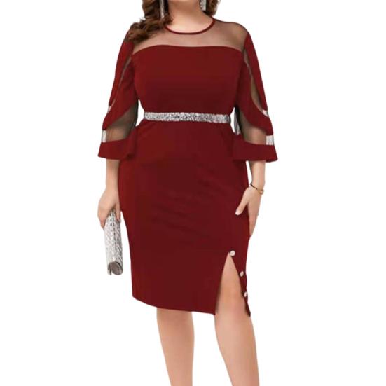 Women Dress See-through Mesh Patchwork Split Hem Sheath Slim Fit Three Quarter Sleeves Shiny Powder Crew Neck Prom Evening Office Wear Midi Dress