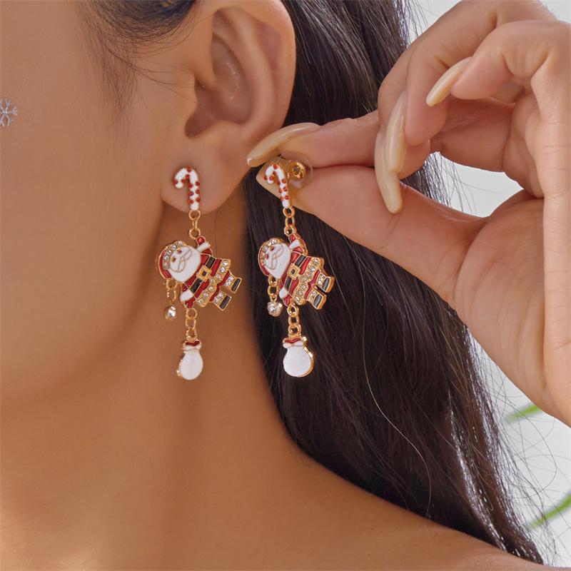 Christmas Santa Full Zircon Red Green Bell Candy House Snowman Earrings Festive Holiday Dangle Drop Jewelry Gift for Women