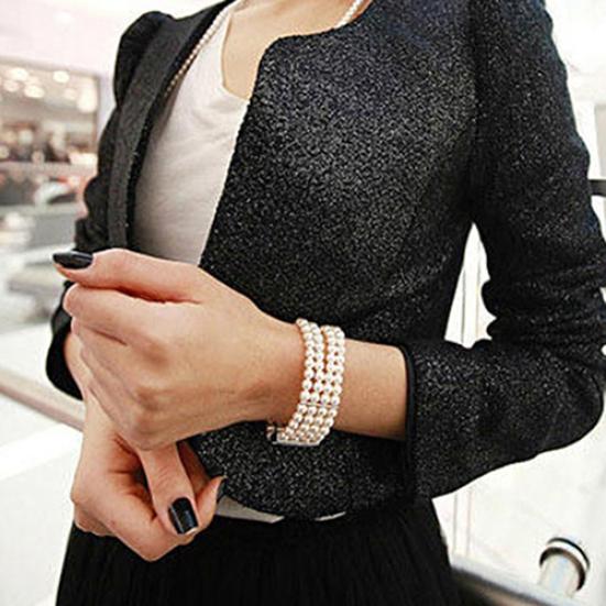 Fashion 3 Rows Faux Pearl Rhinestone Decor Elastic Stretchy Bangle Bracelet