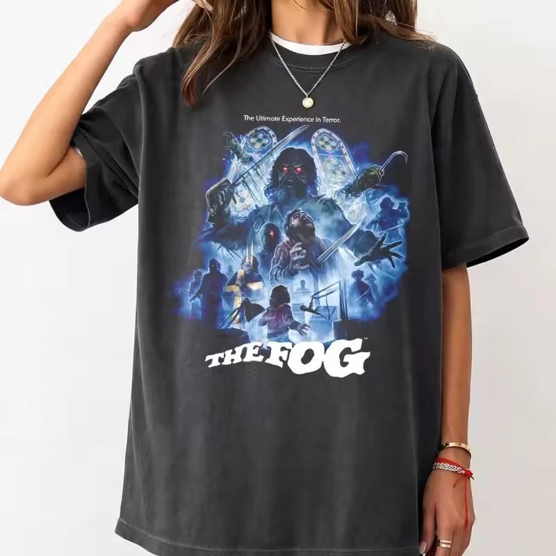 Spooky Blue Ghost Figure Poster Graphic T shirt Gothic Horror Style Oversized Short Sleeve Unisex Tops