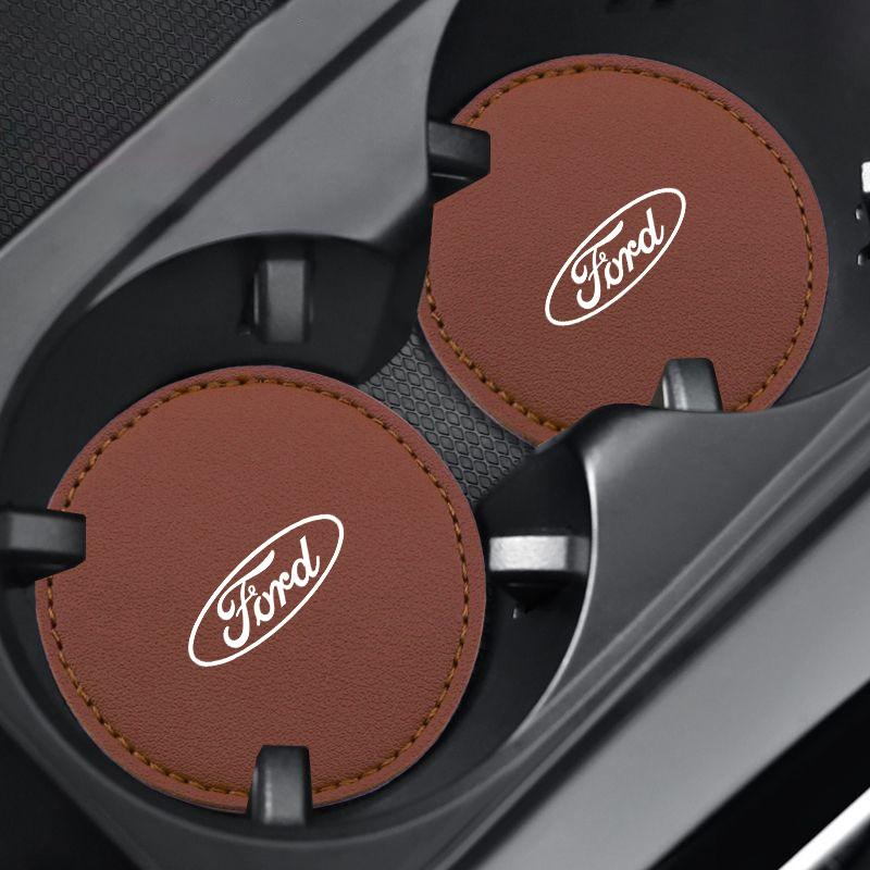 VEDB9 2PCS Car Non Slip Water Cup Pad Leather Coasters Mat For Ford ST Racing RS S Mustang Kuga Fiesta Fusion Mondeo Edge Ranger S-Max