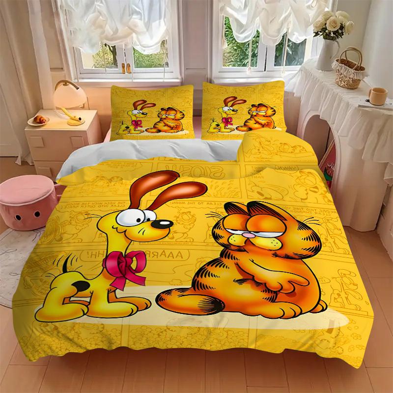 3pcs bedding set Garfield Cartoon Comics Includes 1 Comforter + 2 Pillowcases, Without Pillow Inserts, Soft Comfortable, Lightweight Breatha