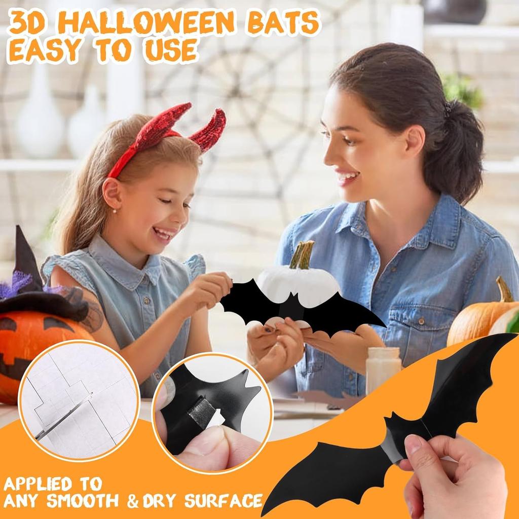 180 Pcs 3D Bat Wall Stickers 4 Size Waterproof Black PVC Halloween Decorations for Indoor Outdoor Spooky Party Home Wall Door Window Decor
