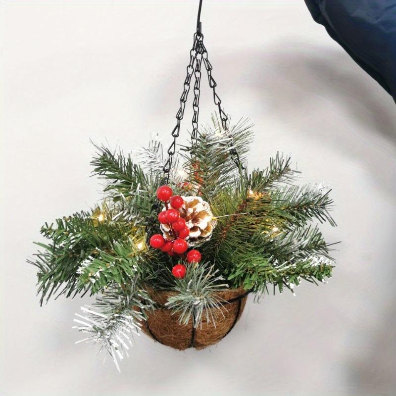 Christmas Hanging Basket Garland with White LED Light Red Berries Pine Cones Snow for Door Window Home Decoration Xmas Gift