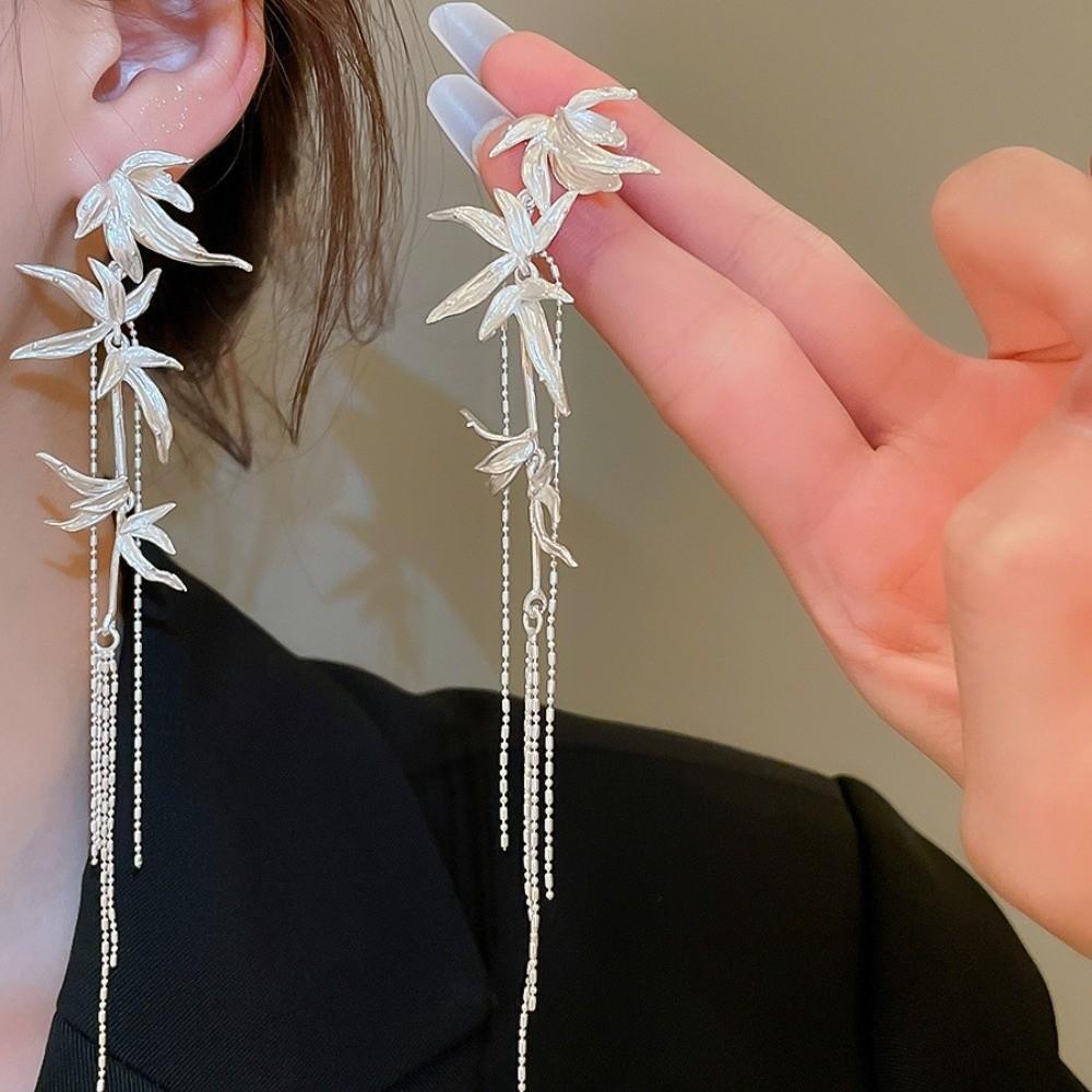 Chinese Ancient Style Long Tassel Dangle Earrings Zinc Zinc Alloy Ear Jewelry Bamboo Leaf Earrings Women