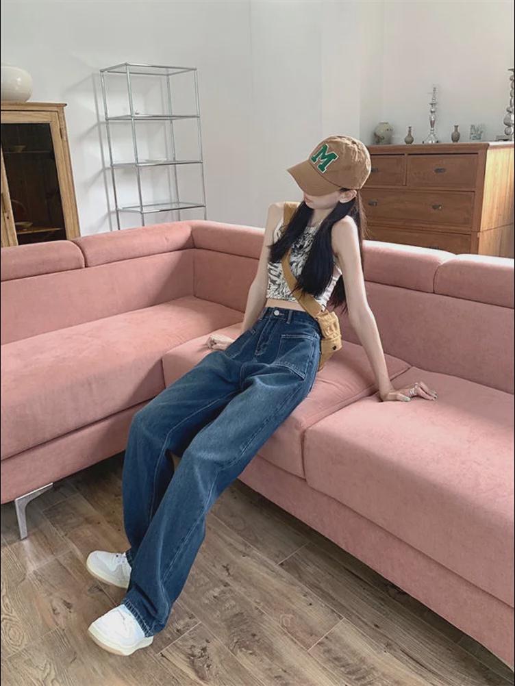 Женские широкие джинсы с высокой талией и большими карманами - корейский стиль