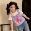 Girls Summer Cartoon Mock Two-Piece Short Sleeve T-Shirt Cute Regular Shoulder Top