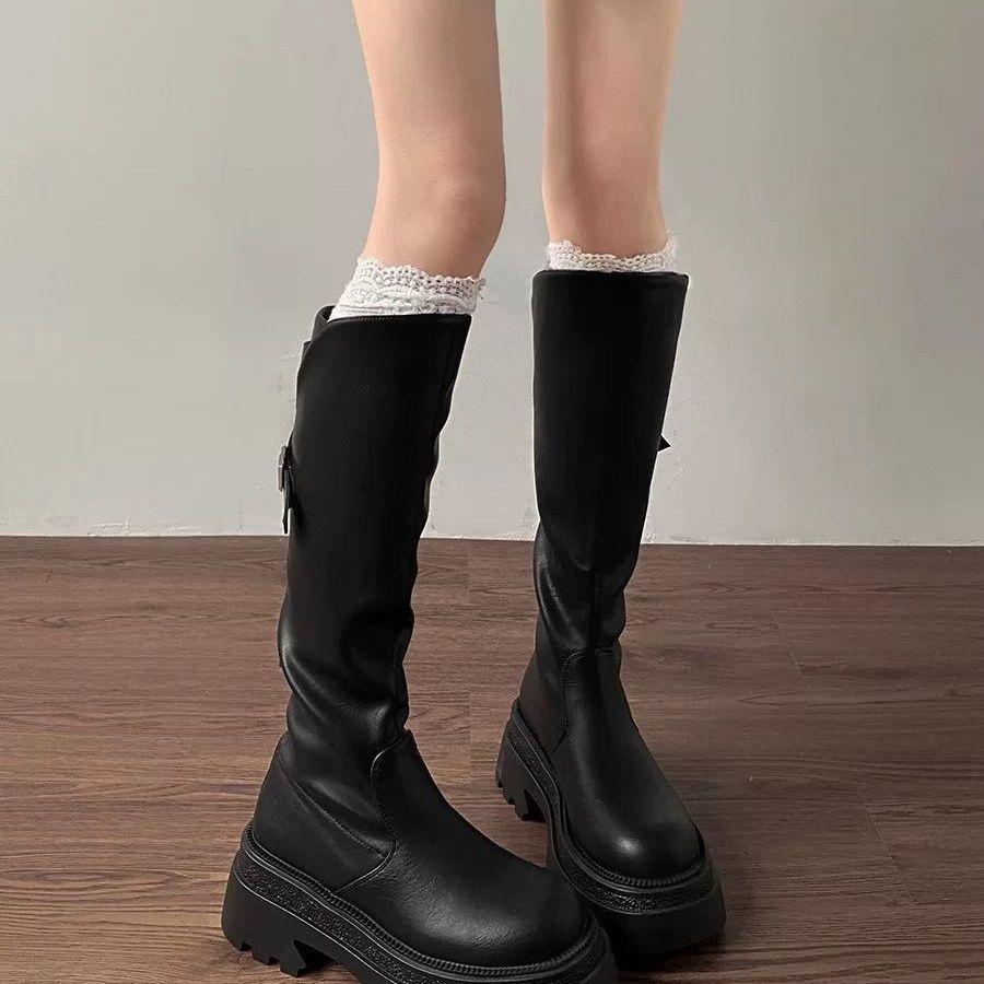 2024 осень и зима новые маленькие рыцарские сапоги с застежкой-молнией сзади на толстой подошве с высокой эластичной трубкой, но сапоги до колена для детей