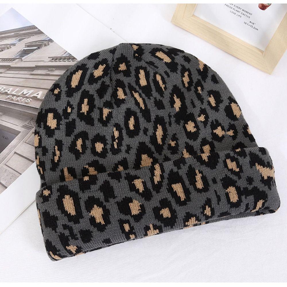 Jacquard Leopard Knitted Cap Soft Beanies Hat Y2K Fashion Thick Warm Hat  Unisex