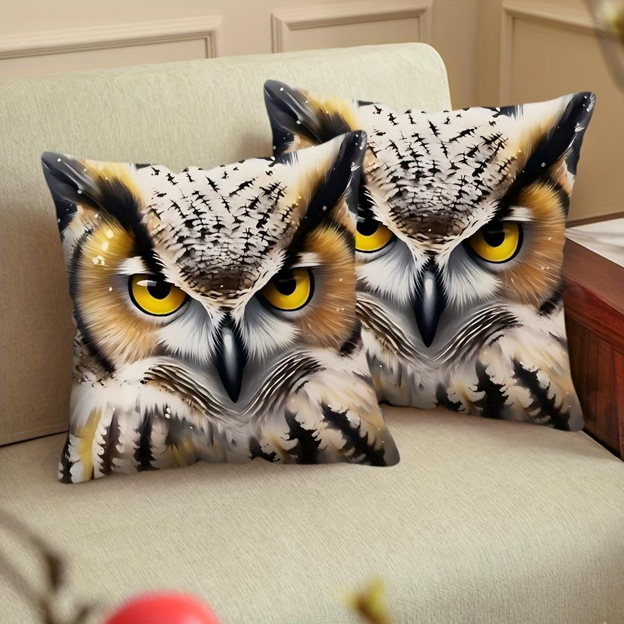 2Pcs Owl Throw Pillow Covers, Single-Sided Printed Zippered Cushion Cases With Vibrant Yellow Eyes & Intricate Feather Design