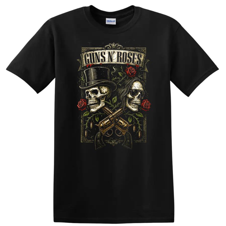 Skull Roses Guns Crossed Revolvers Retro Rock T Shirt Heavy Metal Tee