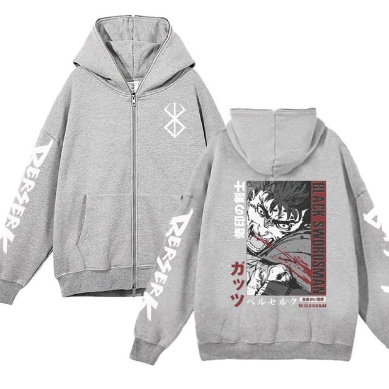 Куртки с капюшоном Berserk, толстовки с капюшоном на молнии в стиле аниме, повседневная флисовая толстовка большого размера, свободная уличная одежда в стиле хип-хоп, куртка на молнии, пальто