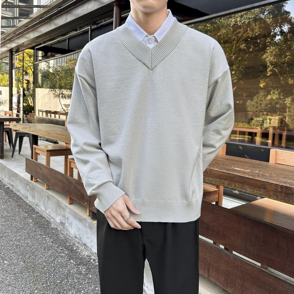 Unisex Retro V-Neck Sweater - Two-Piece Look, Autumn/Winter Style