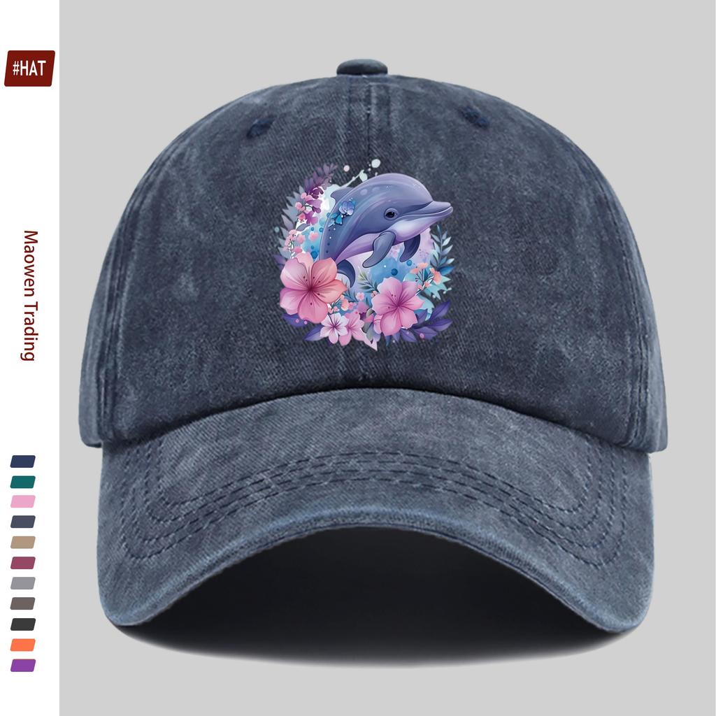 pc Vintage Purple Floral Dolphin And Butterfly Print Baseball Cap Fashion Casual Vacation Style Printed Design Golf Hat Home